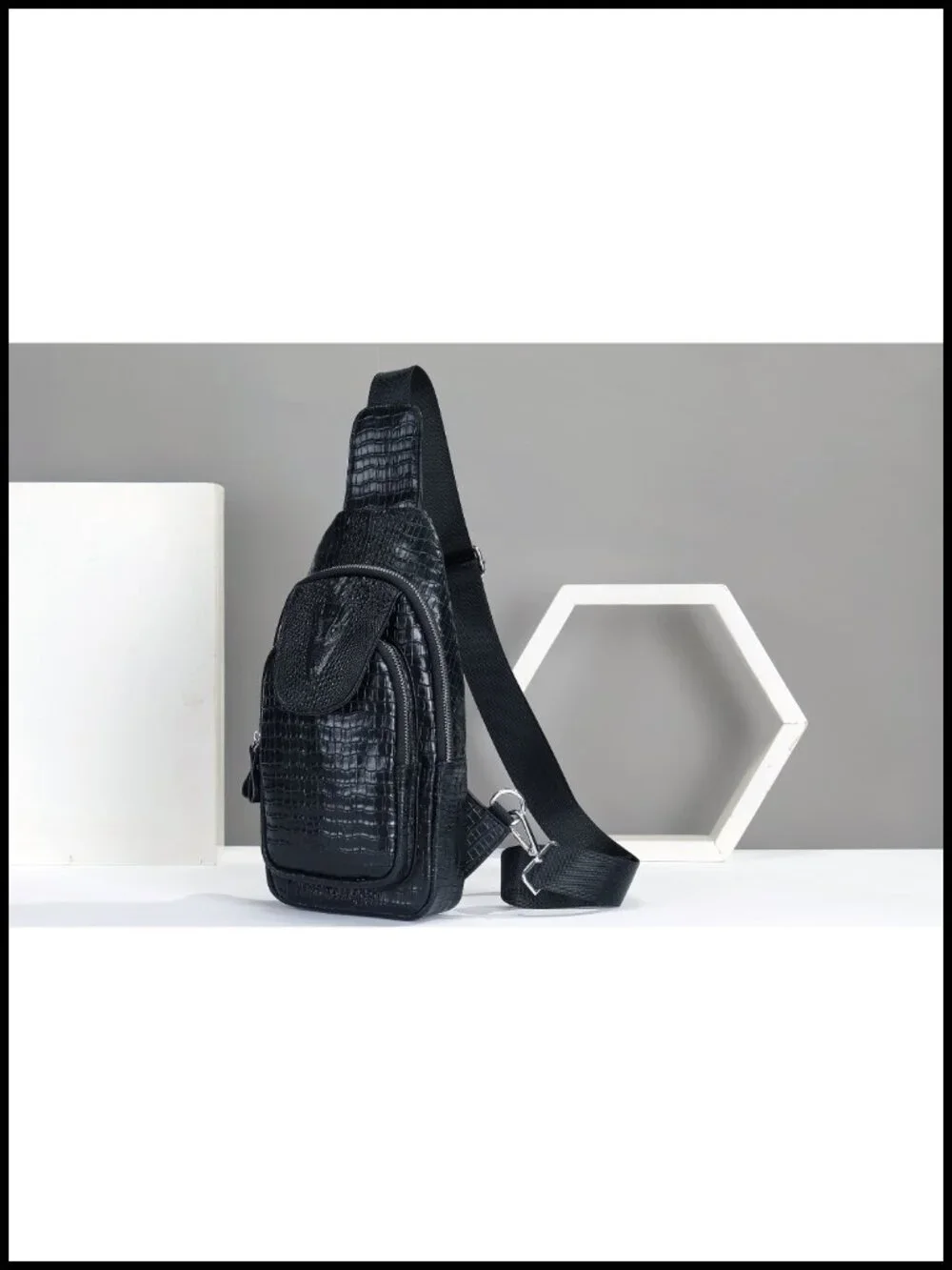 Genuine Leather Sling Bag with Crocodile Embossed Pattern